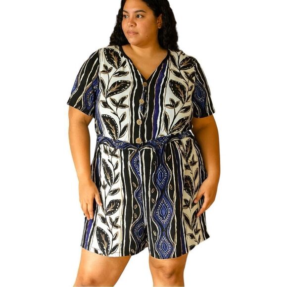 Vintage Geometric Floral Patterned Romper Plus Size Jumpsuit - Picture 1 of 12